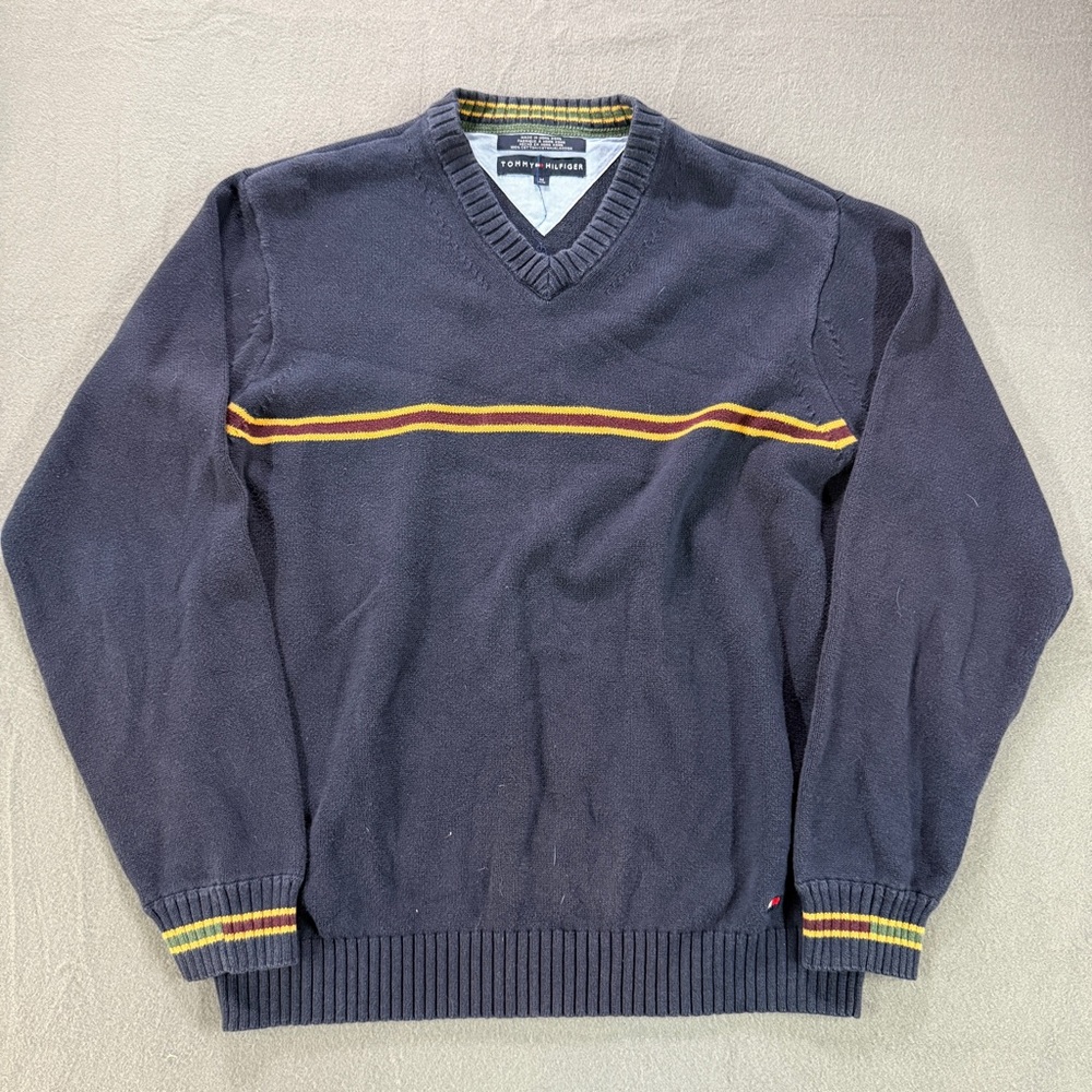 Vintage Tommy Hilfiger V-Neck Sweater Mens Medium Navy Blue Classic Logo